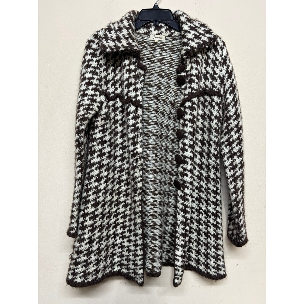 Carducci‎ Womens Medium Knit Sweater Coat Brown White Button Front Long Cardigan